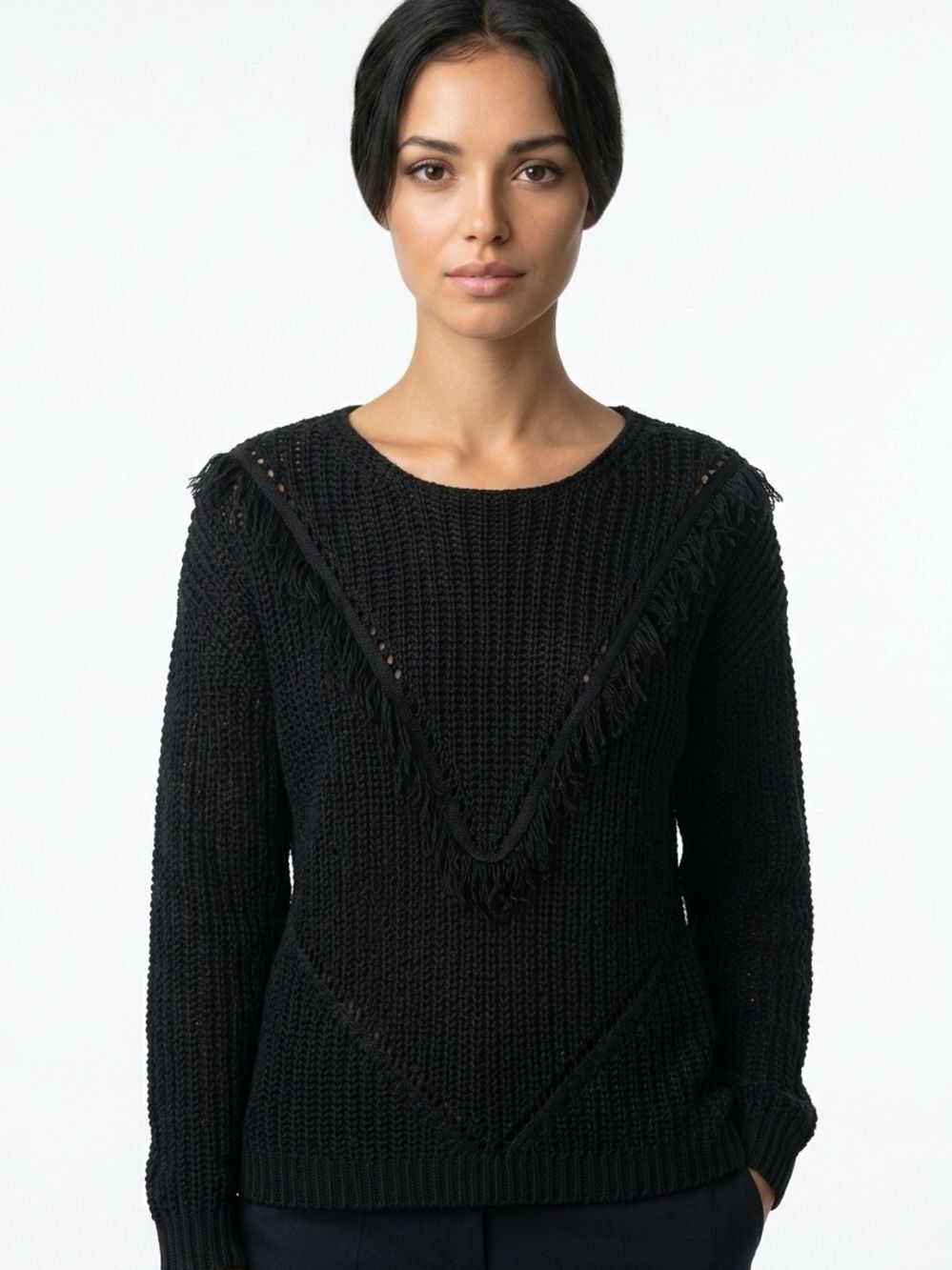 ROMEO & JULIET | Black Fringe Open Knit Boho Sweater Women’s Size Medium